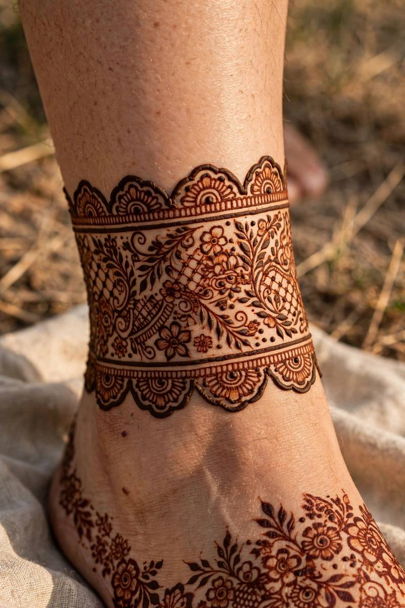 Wide ankle cuff foot jewellery mehndi design