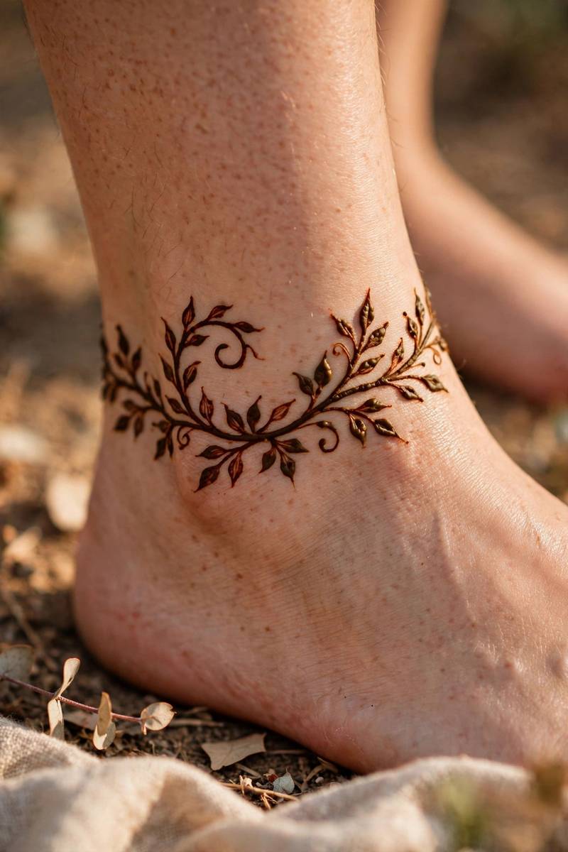 Ankle vine jewellery mehndi design with leaves