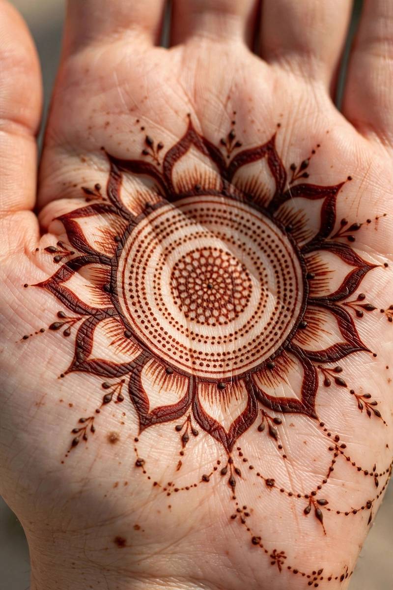 Two circular tikki mehndi motifs paired together in a round mehndi composition