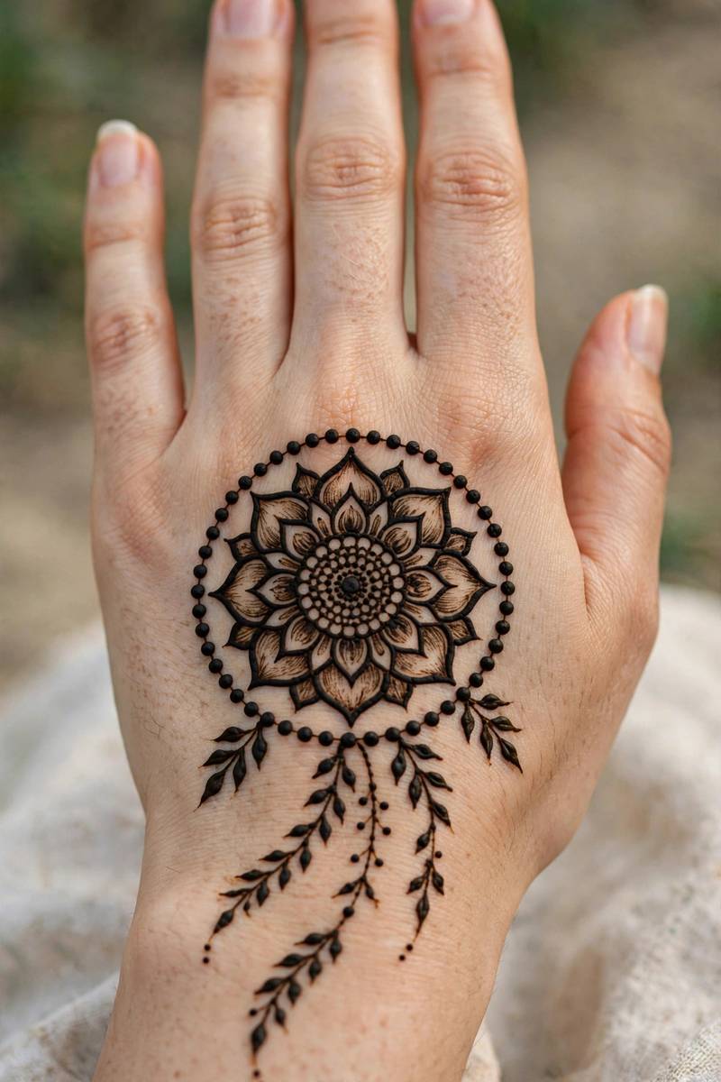 Small mandala henna tattoo design on the inner wrist