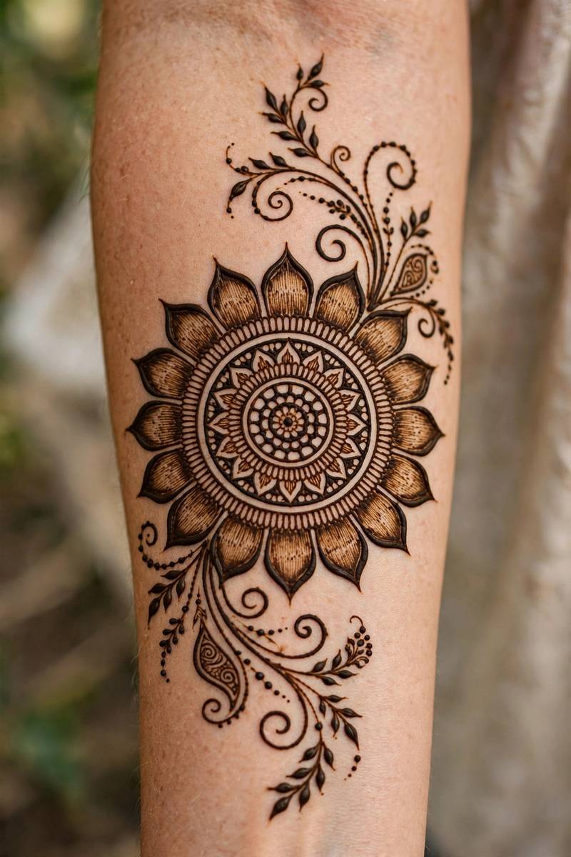 Simple mandala mehndi design centred in the palm of a front hand
