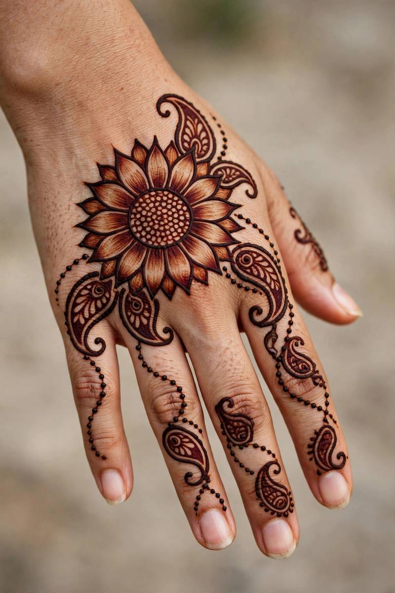 Sunflower motif with dotted trails in arabic mehndi on back of hand