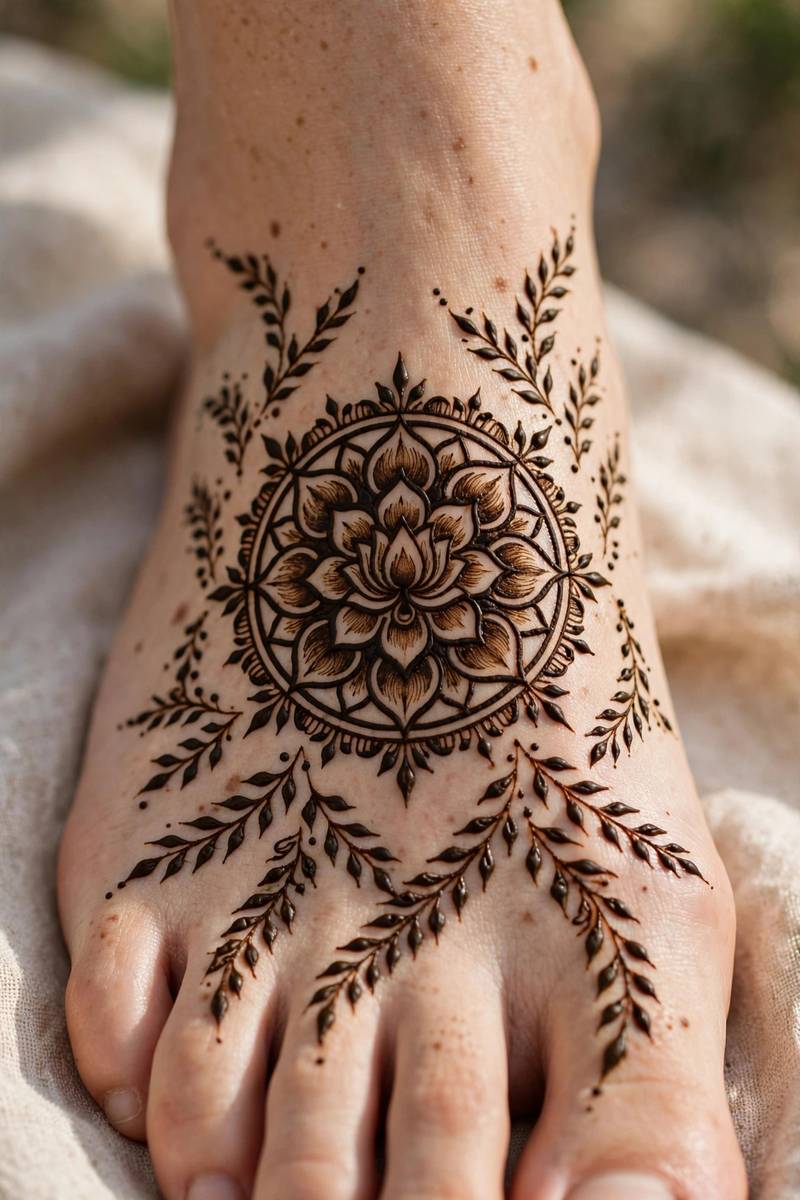 Bold arabic mandala centred on the top of the foot with trails