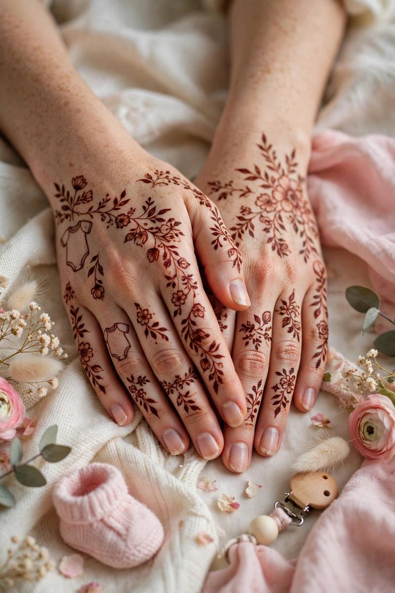 Soft floral baby shower henna on hands with pastel styling