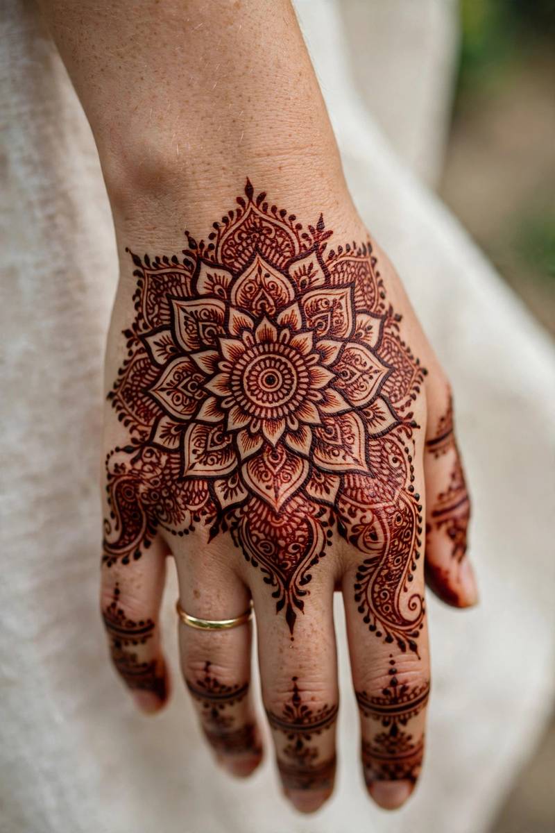 Bridal henna with large mandala on back of hand
