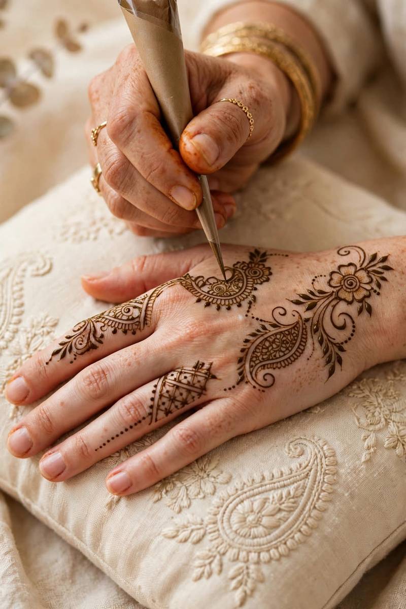 Mehndi artist applying henna