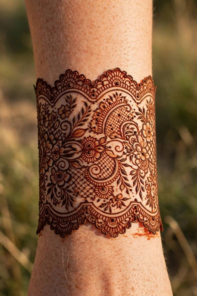 Lace cuff bracelet mehndi design wide around the wrist