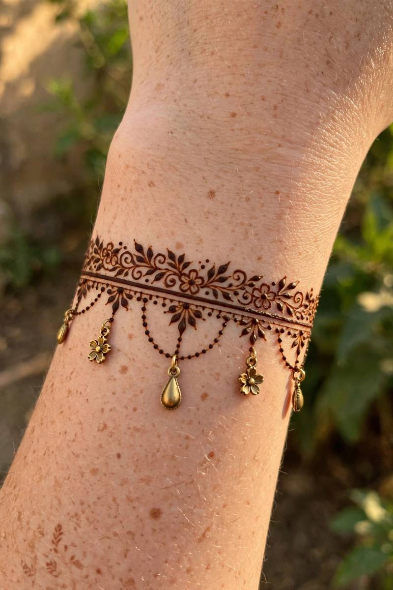 Charm bracelet mehndi design with hanging motifs around the wrist