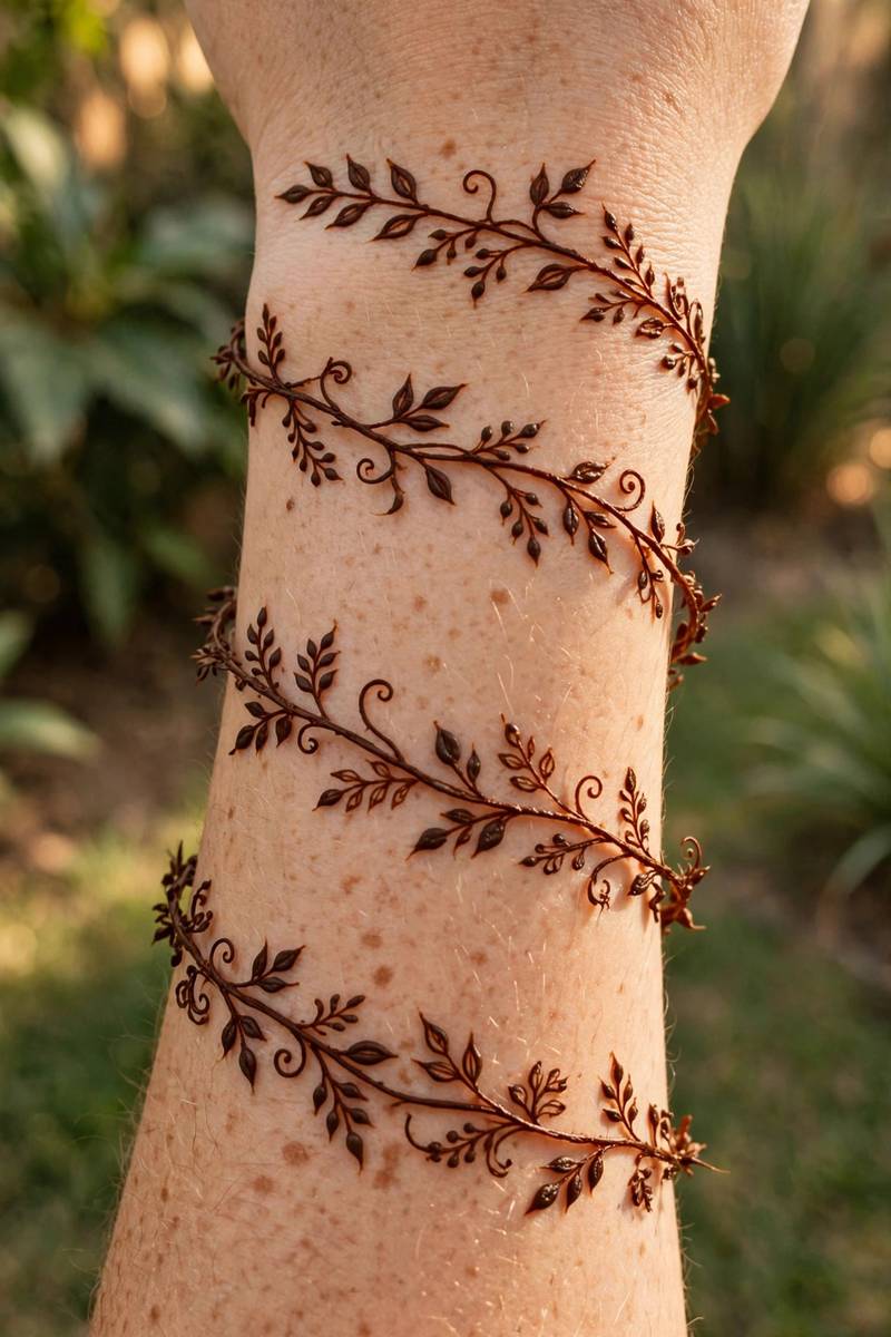 Vine wrap bracelet mehndi design winding around the wrist