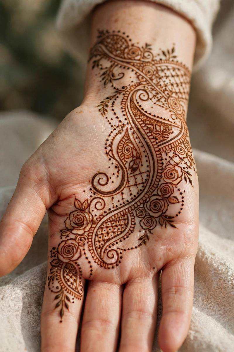 Group of bridesmaids' hands with matching henna designs