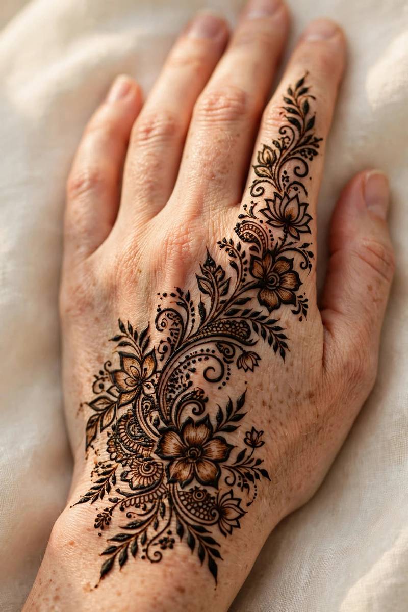 Arabic style floral henna trail on the back of a hand