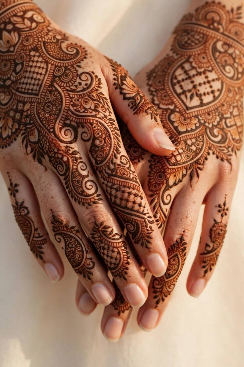 Ornate bridal mehndi covering a bride's hands