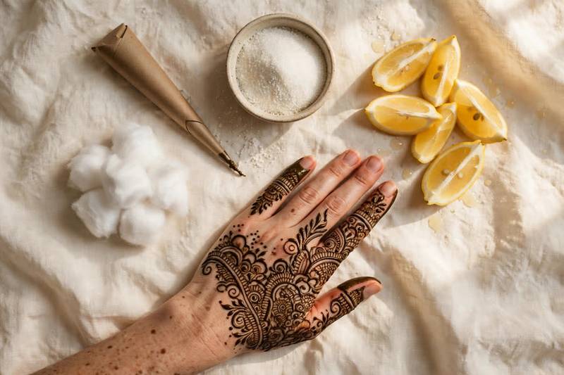 Henna cone, lemon and sugar aftercare flat lay