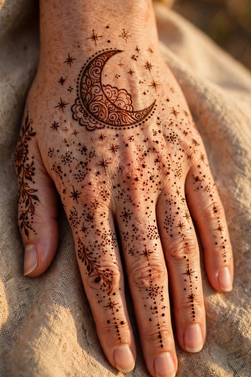 Chand raat starry sky mehndi design across the back of the hand