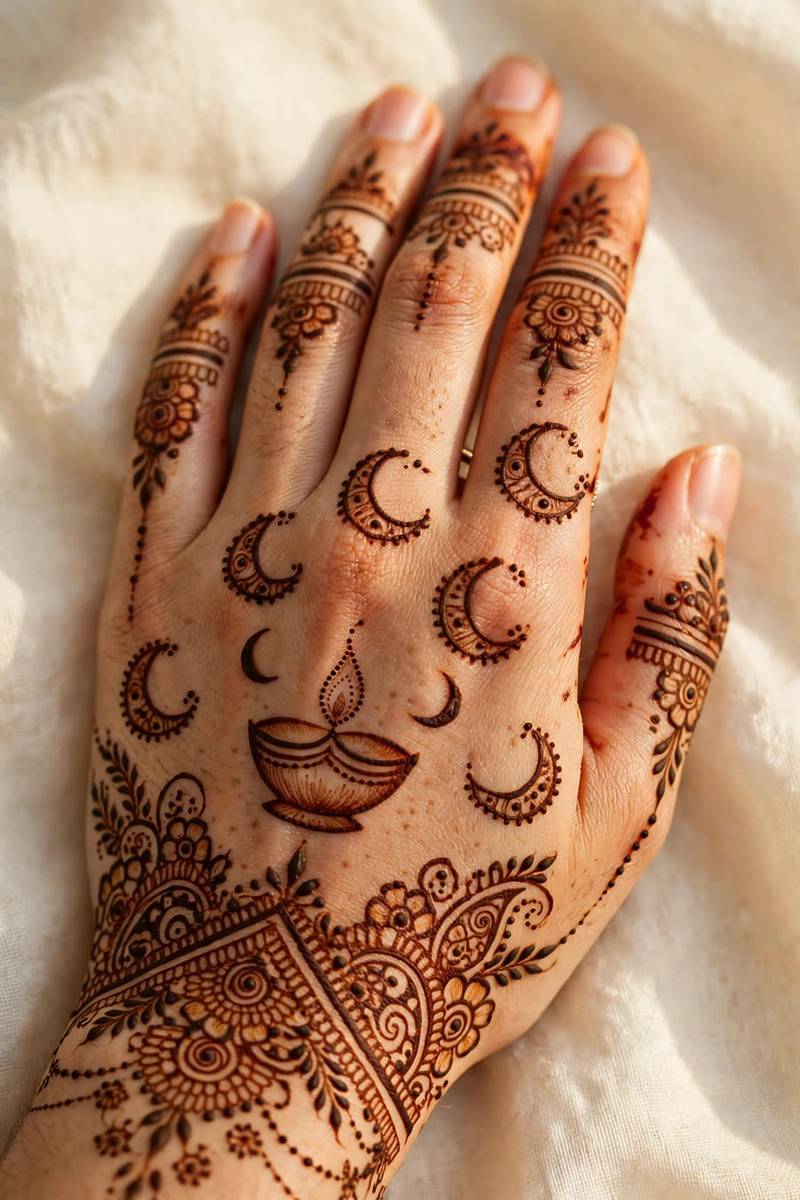 Tiny crescent moon finger band mehndi for Eid