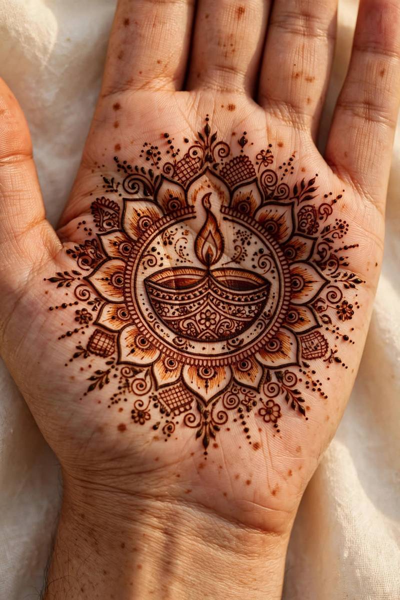 Diya oil-lamp motif mehndi design on palm for Diwali