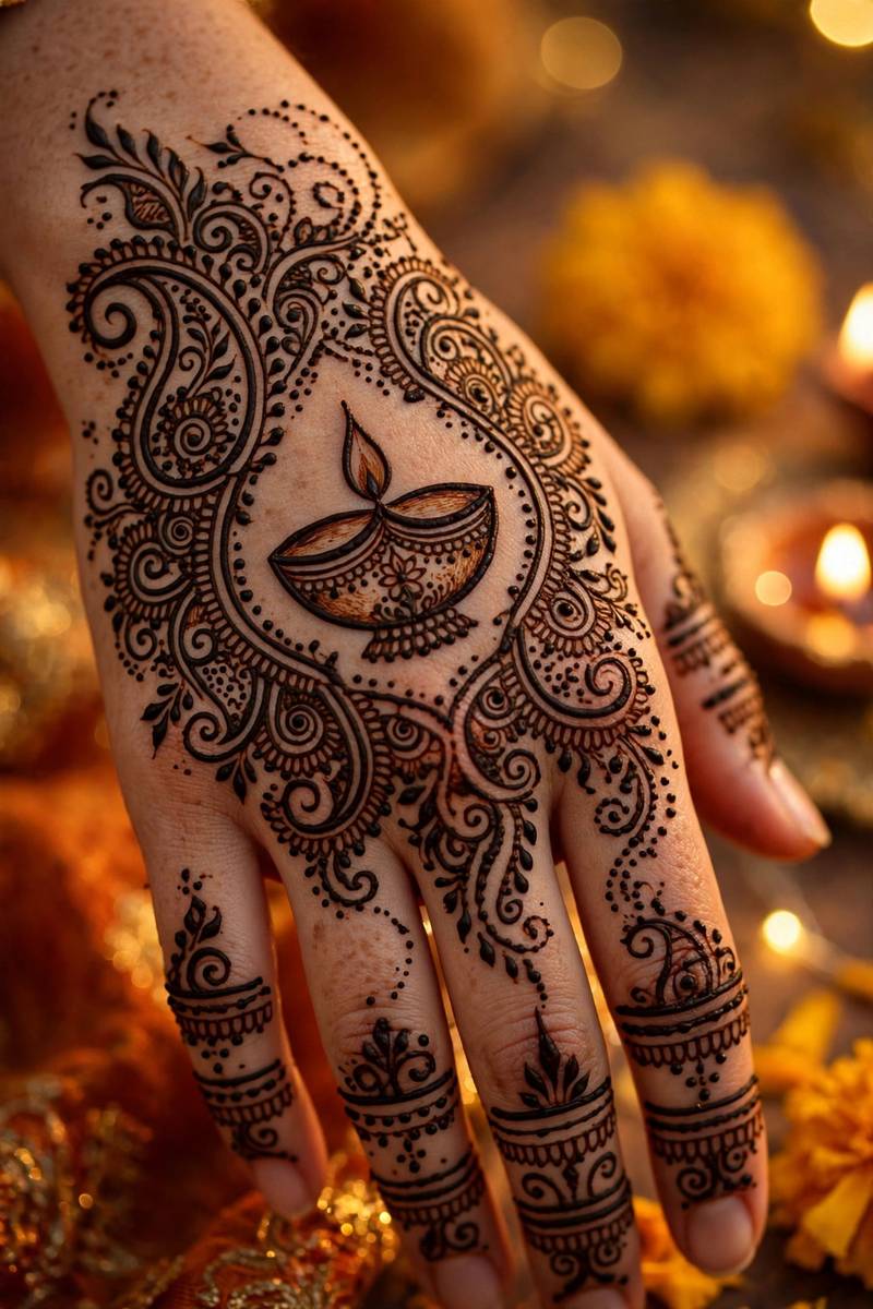 Grand diya and paisley Diwali mehndi centrepiece design