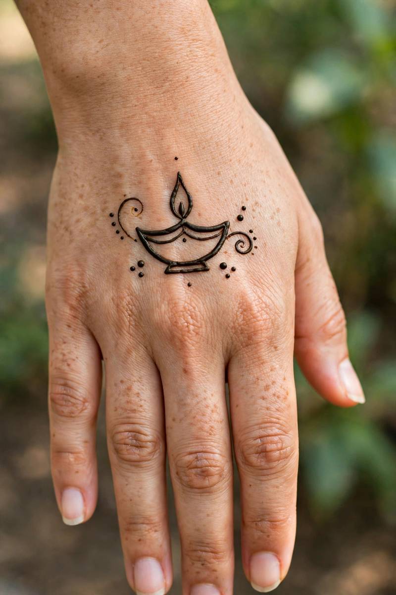 Simple diya with dot accents in beginner Diwali mehndi