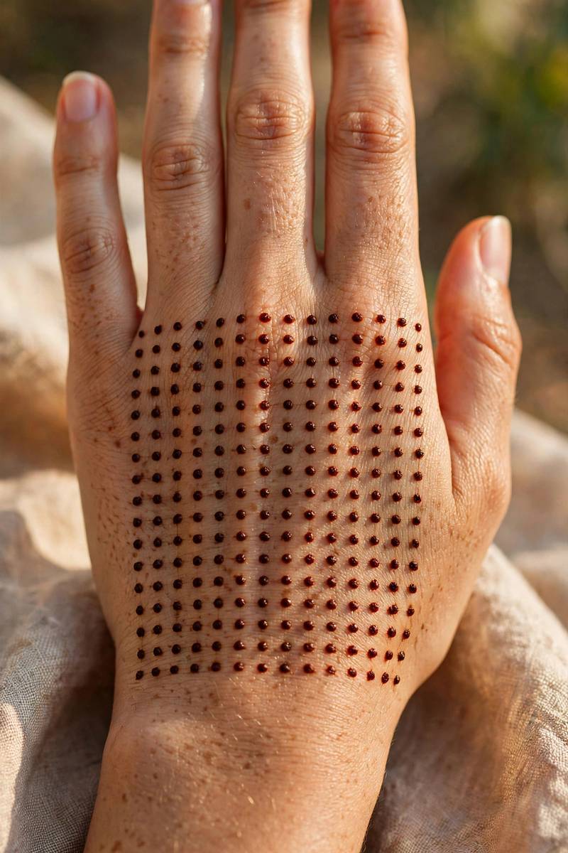 Dot grid mehndi pattern covering the back of the hand