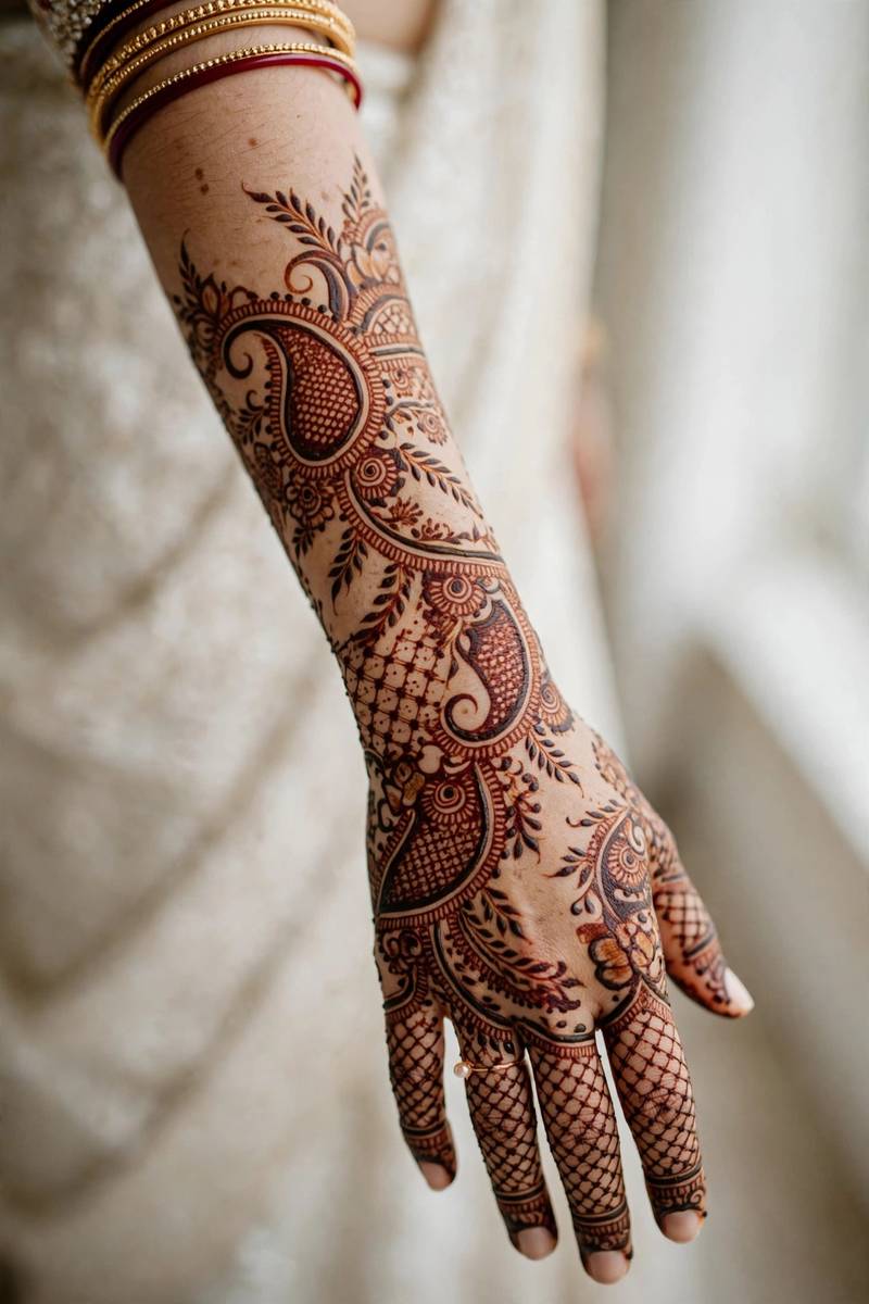 Dense traditional full hand bridal mehndi design with intricate dulhan patterns