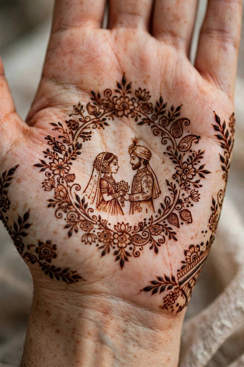 Dulhan mehndi palm with bride and groom portrait scene