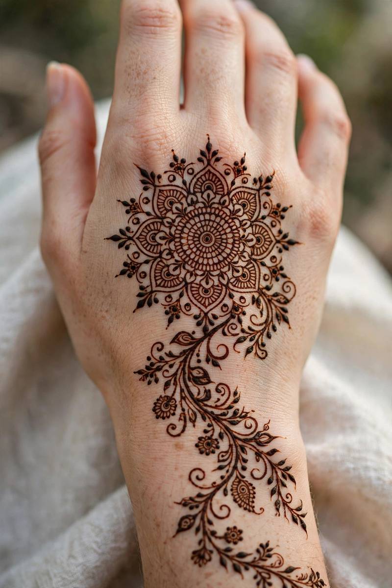 Dulhan henna mandala with trailing vines on back of hand
