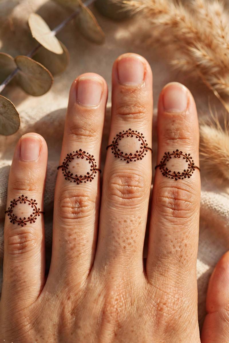Easy floral mehndi finger bands with small flowers on each finger
