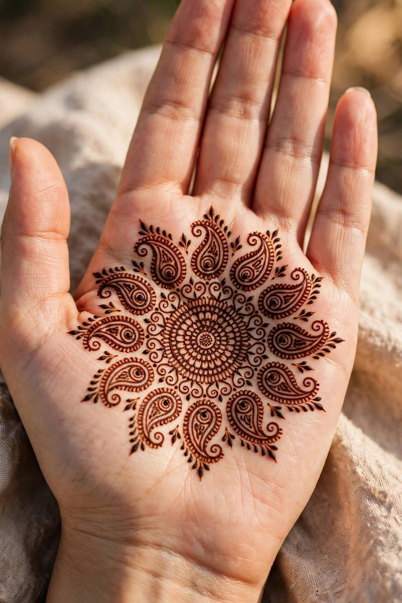 Easy paisley mandala centre mehndi design on the palm