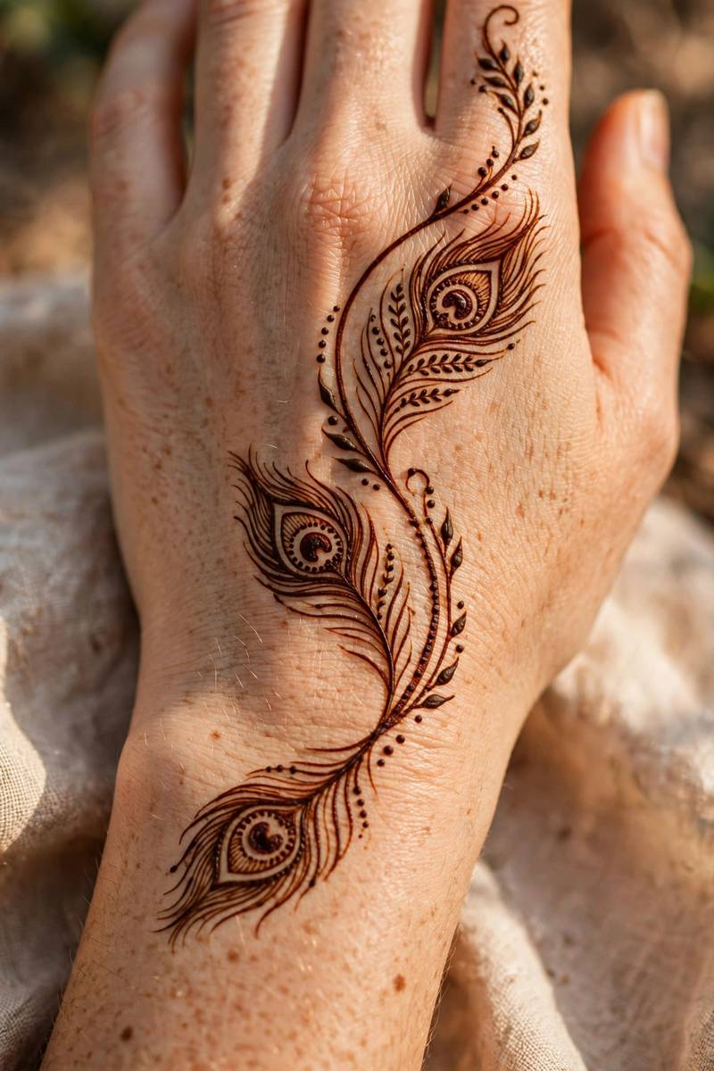 Easy peacock feather trail mehndi design winding up the arm