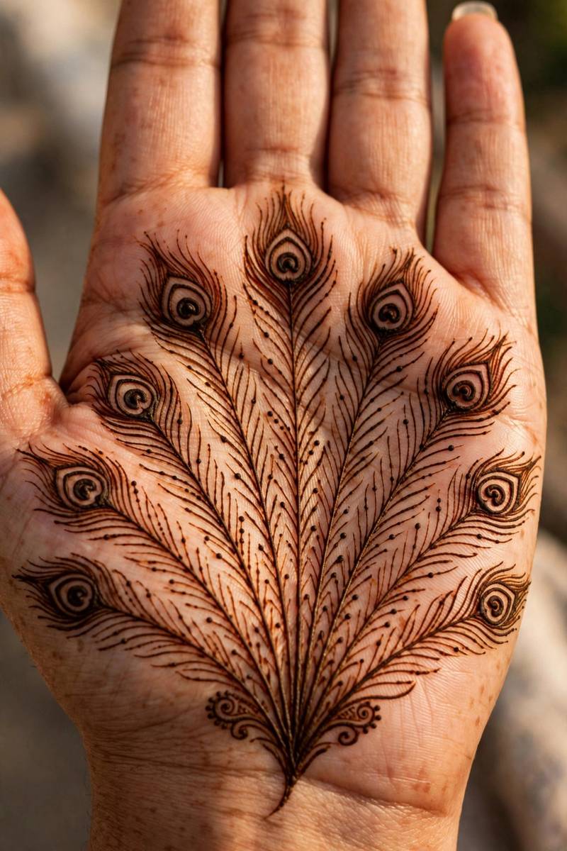 Easy peacock feather fan mehndi design spread across the palm