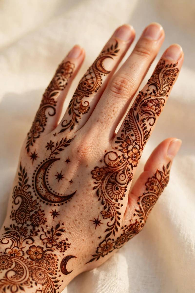 Timeless crescent moon and stars Eid mehndi design 2027