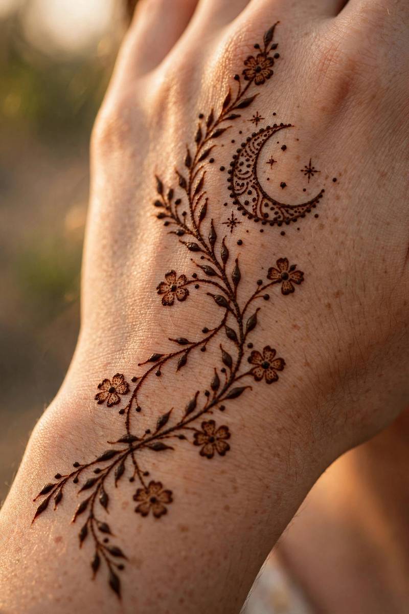 Moonlit vine Eid mehndi design 2027 with crescent motif