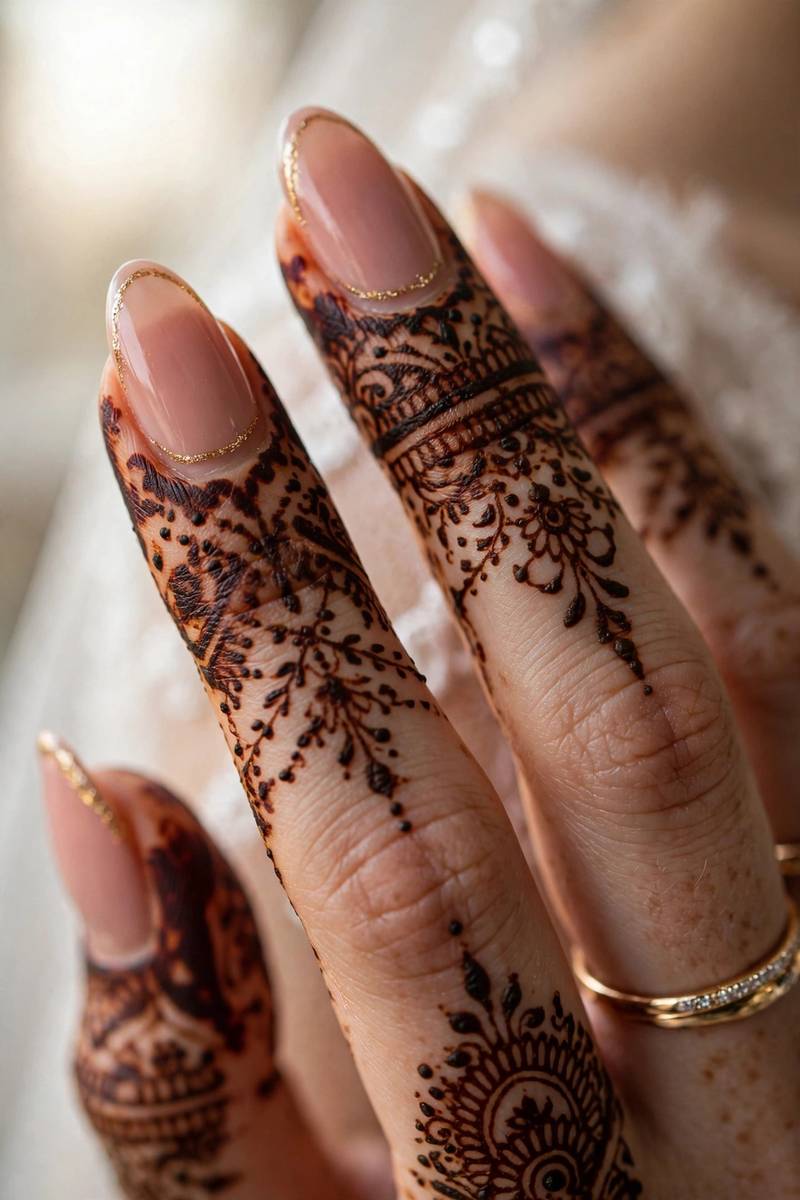 Close-up of bride's fingers with detailed henna and nail styling