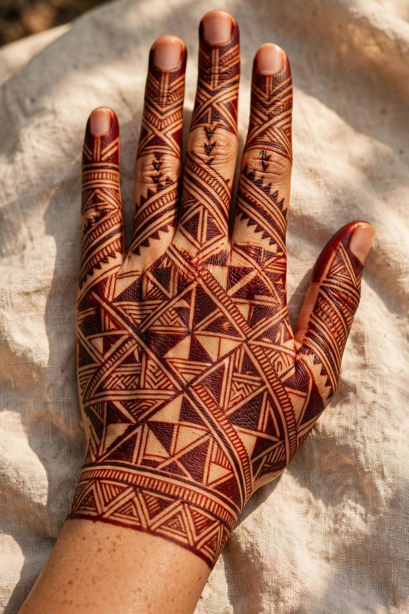 Full hand geometric mehndi design with modern patterns non-bridal