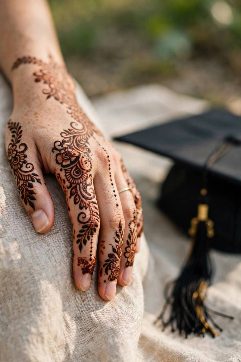Graduation henna on hand styled with graduation cap