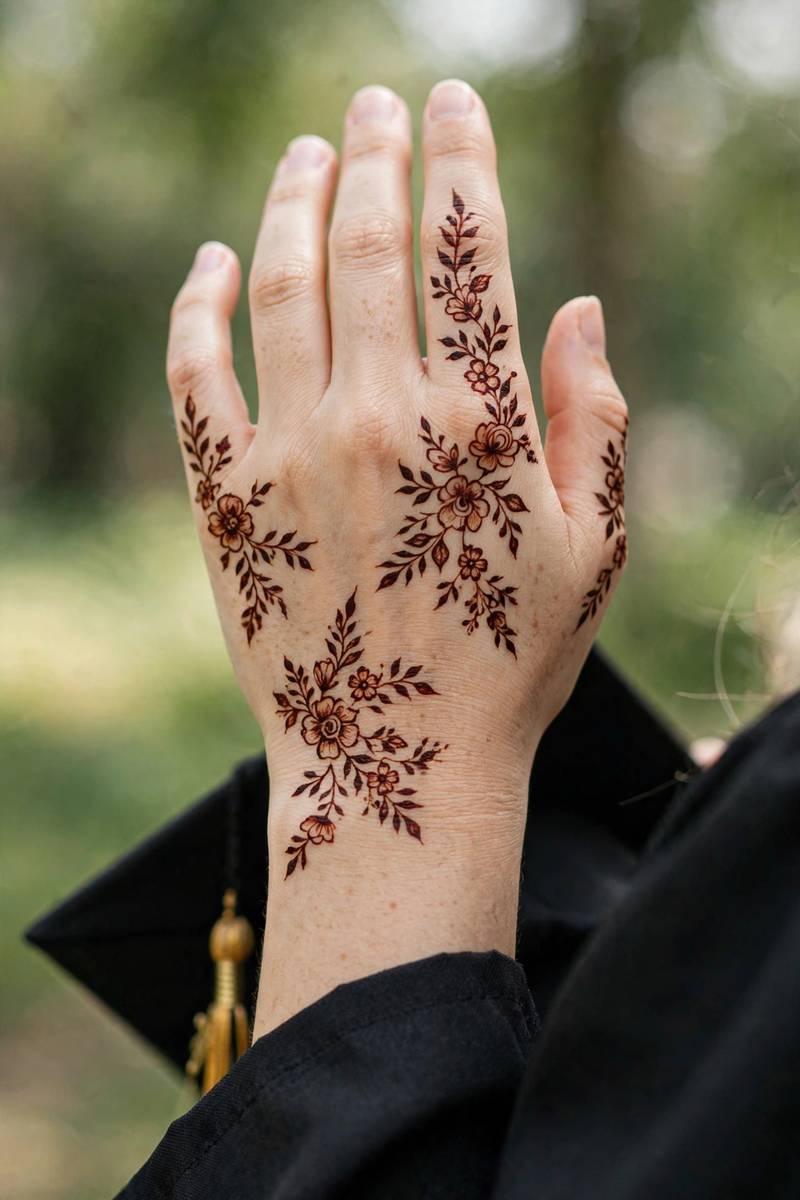 Modest floral henna for graduation day