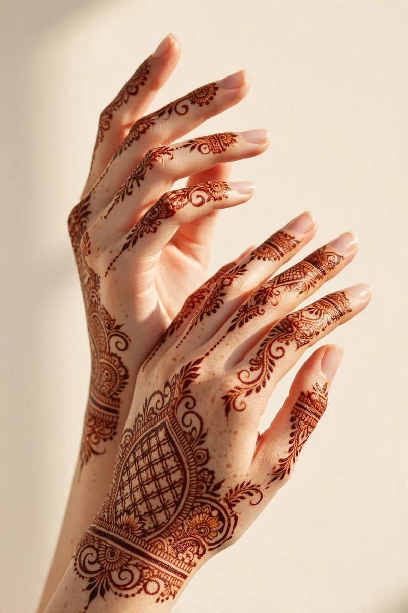 Dense palm mehndi blending arabic bold flowers with indian fine detail
