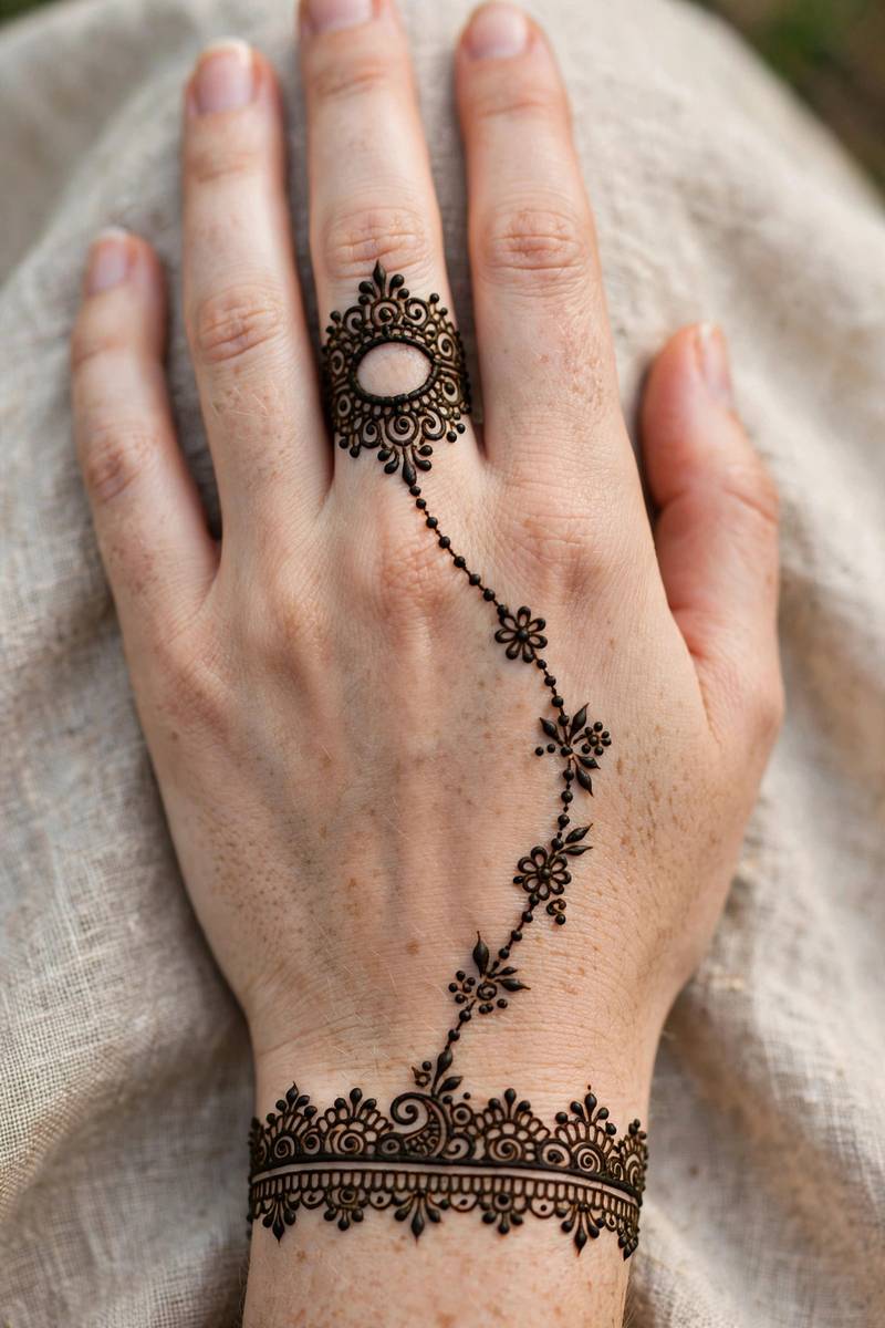 Single ornate henna ring with chain trailing to wrist bracelet