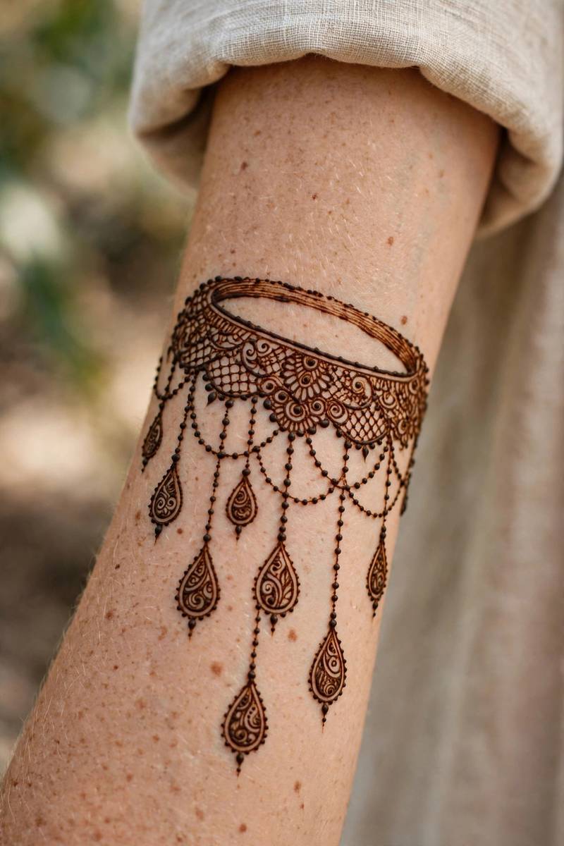 Intricate henna bangle with hanging pendant motifs on the wrist