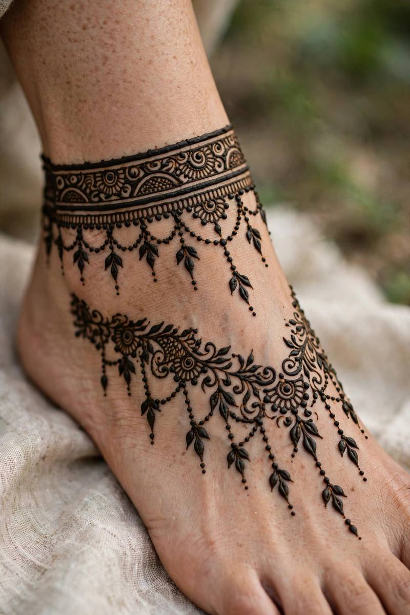 Henna toe rings with anklet band in jewellery mehndi style on foot