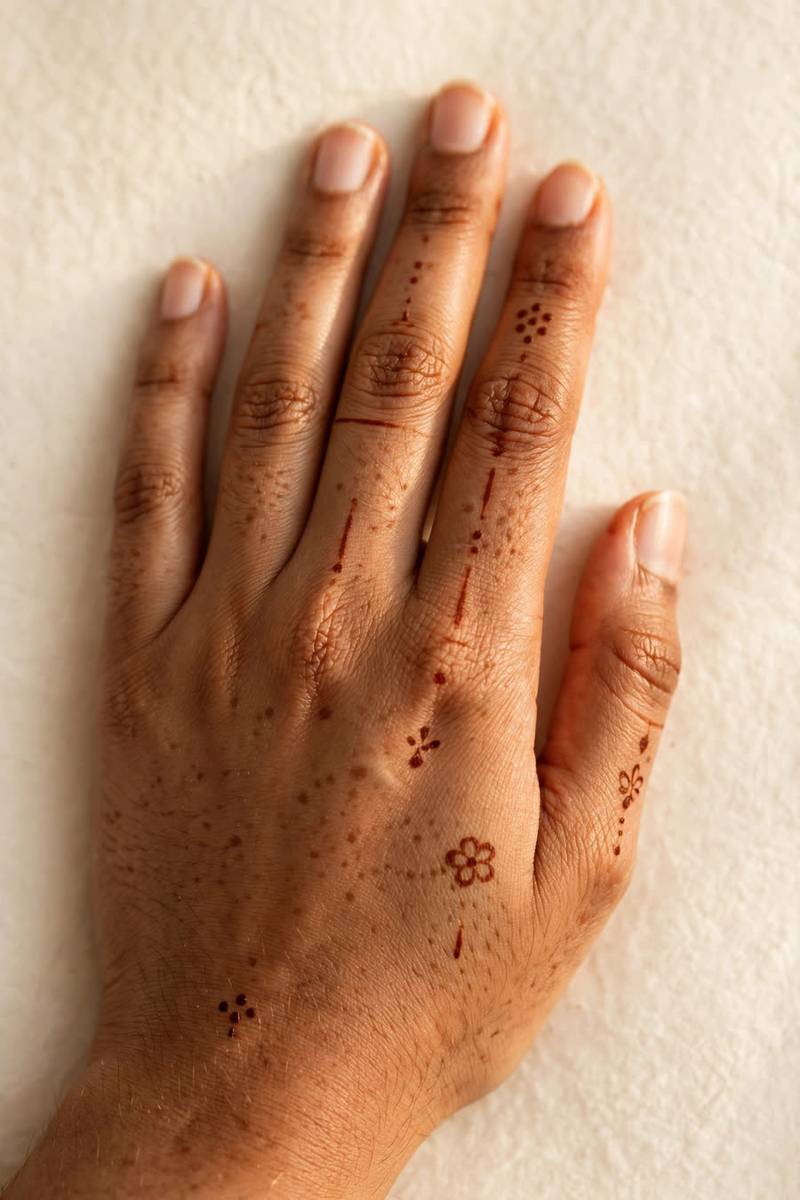 Scattered petal and dot khafif mehndi accents on the hand