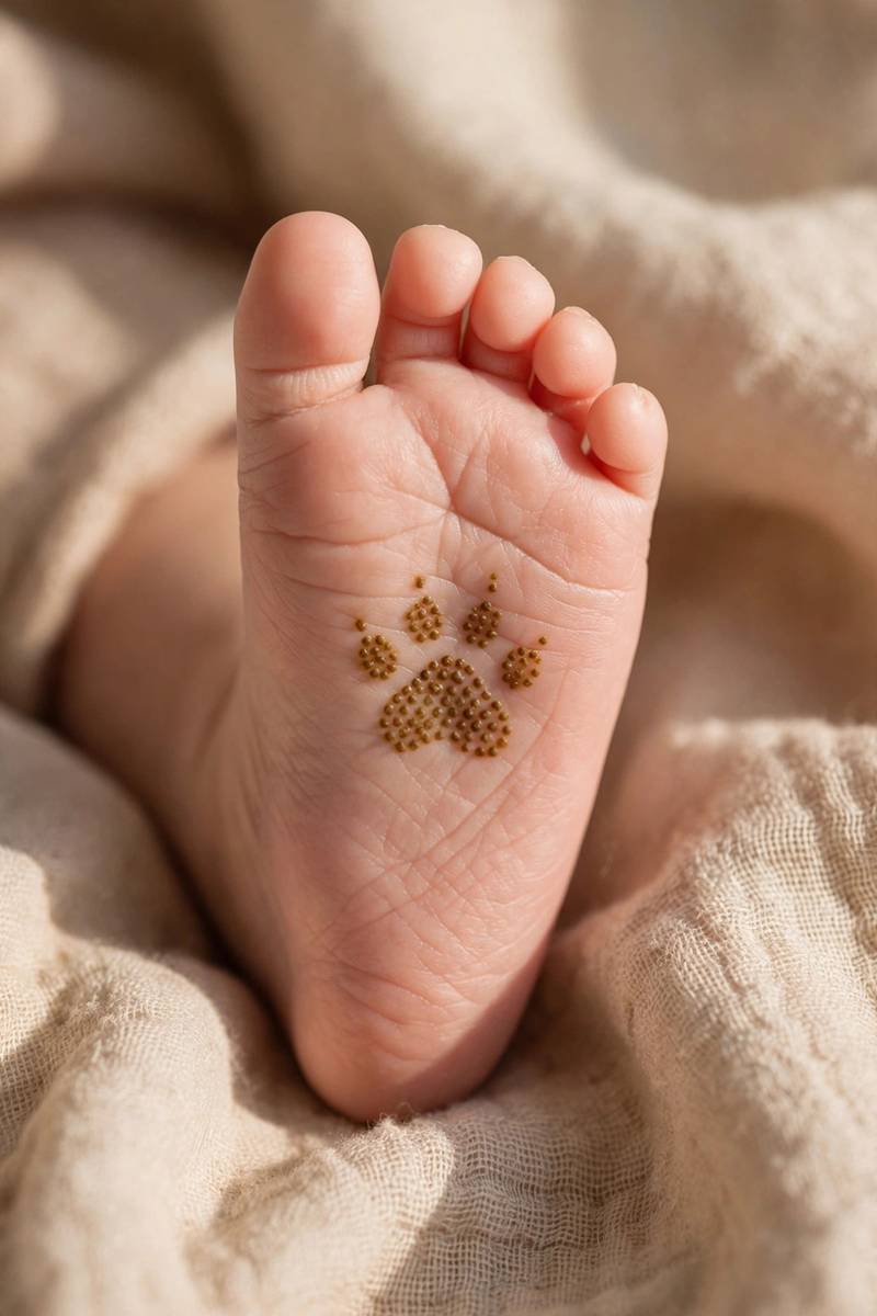 Paw print mehndi design made of dots for a baby girl's foot