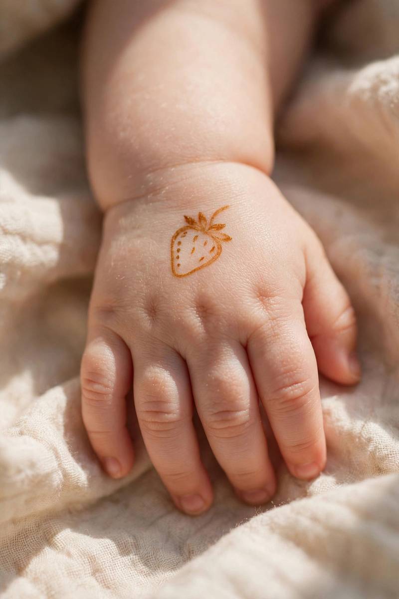 Mini strawberry fruit mehndi motif for a baby girl's hand