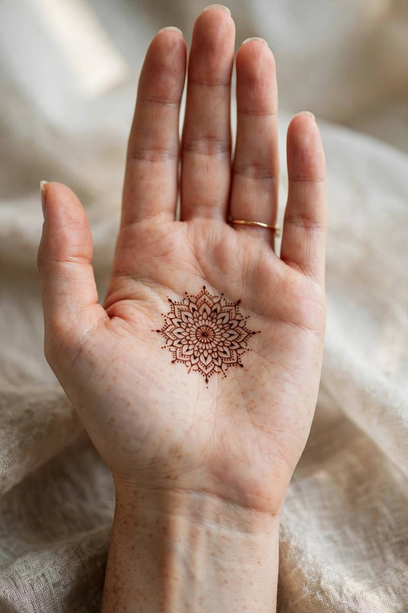 Bride with elegant minimalist henna design on her hand in soft bridal styling