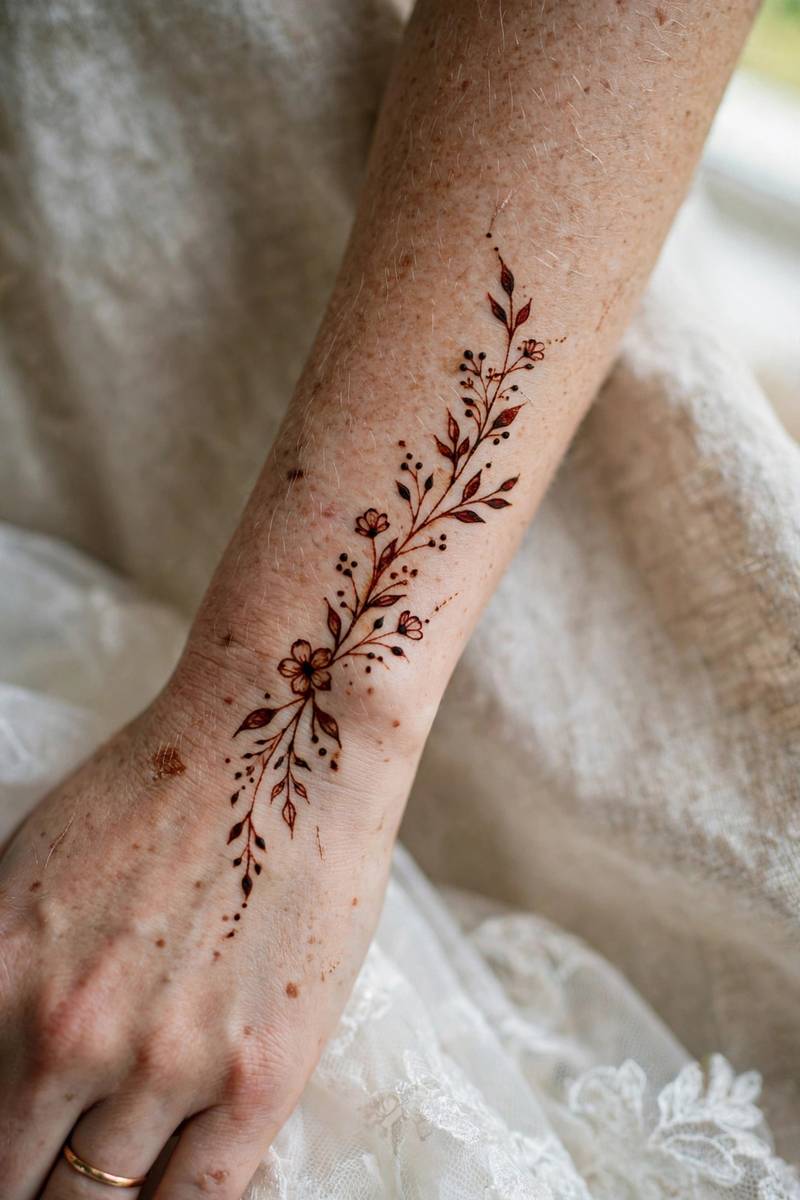Airy fine-line floral sprig henna trailing up bride's forearm