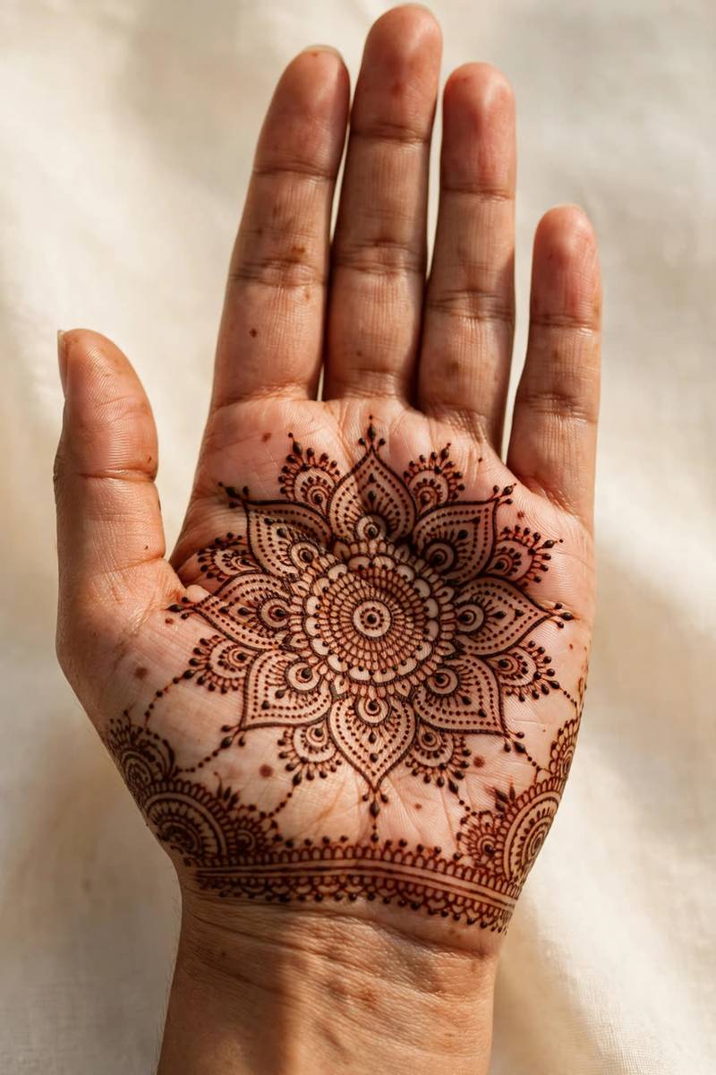 Minimal mehndi design with a fine delicate vine trailing along the side of the hand