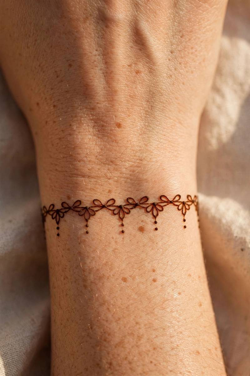 Minimal petal chain mehndi bracelet design around the wrist