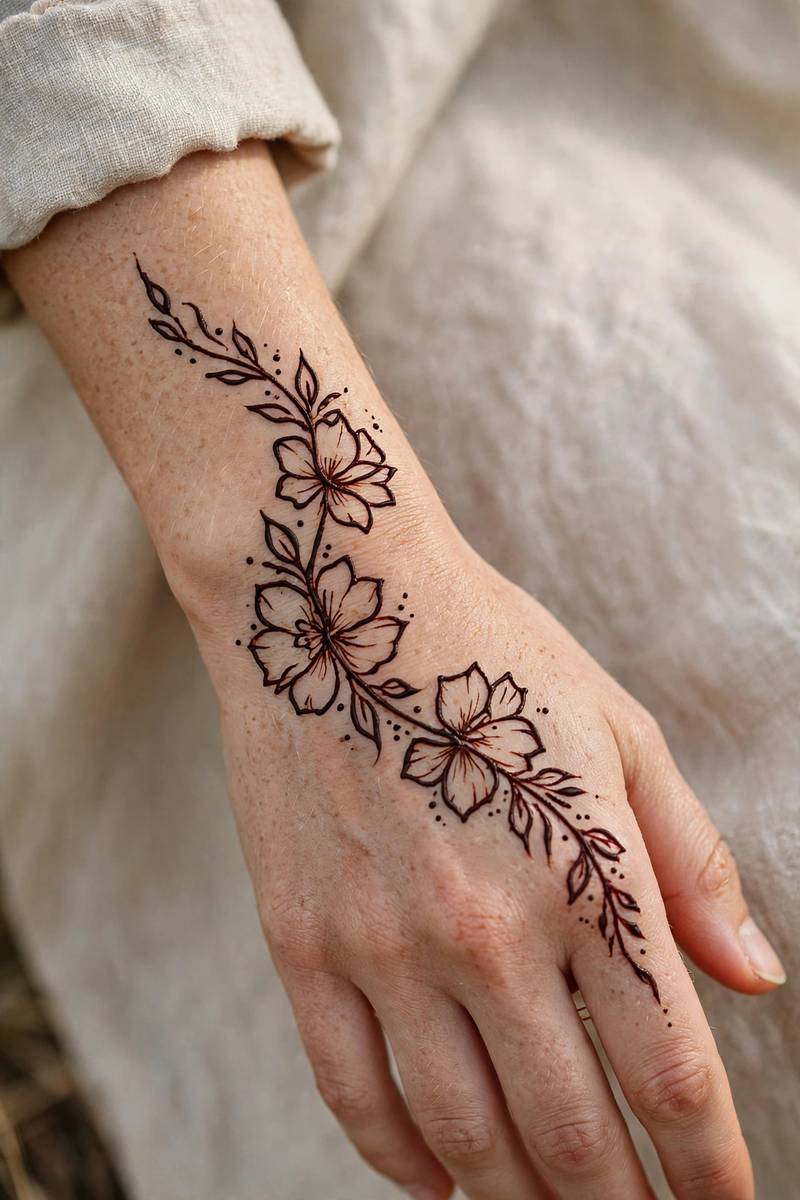 Light airy modern arabic mehndi trail for 2027 with sparse blooms