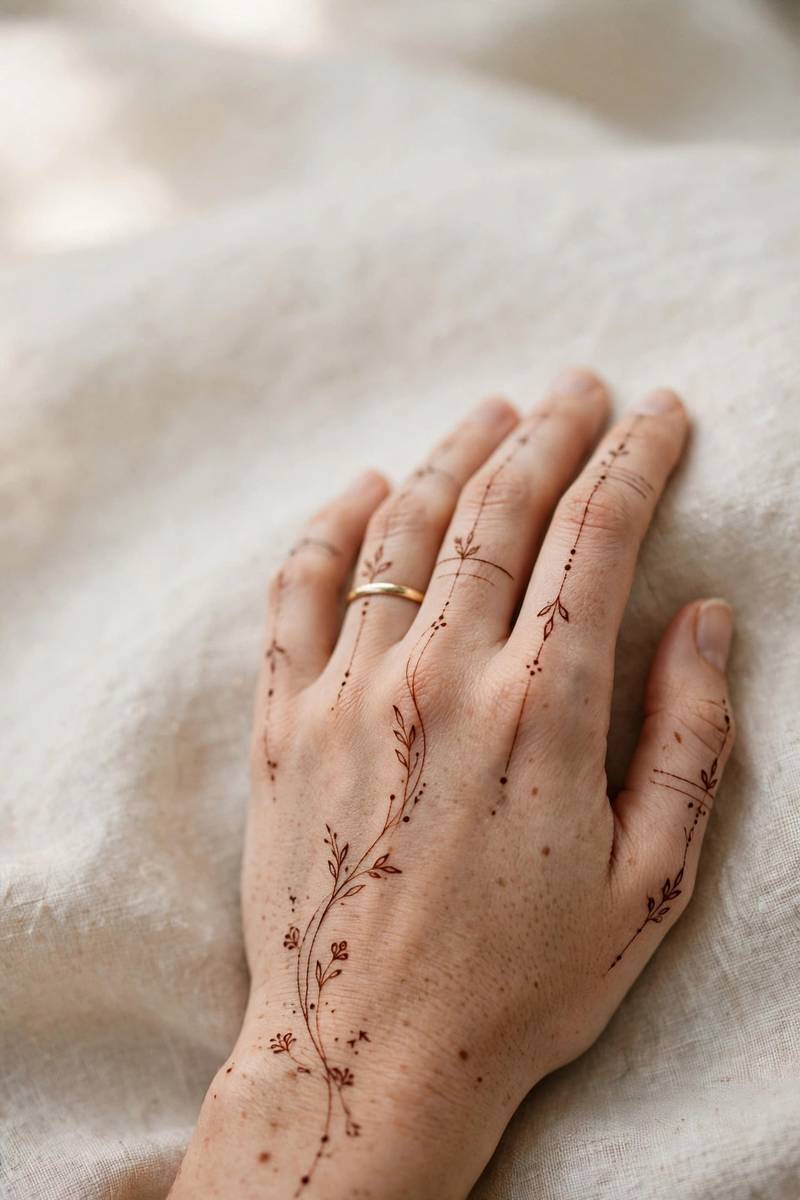 Contemporary fine-line bridal henna hand with negative space