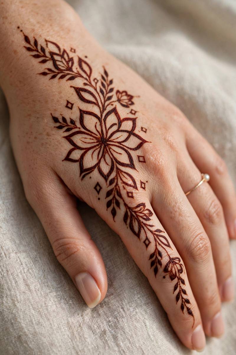 Fusion arabic-modern bridal henna trail across hand